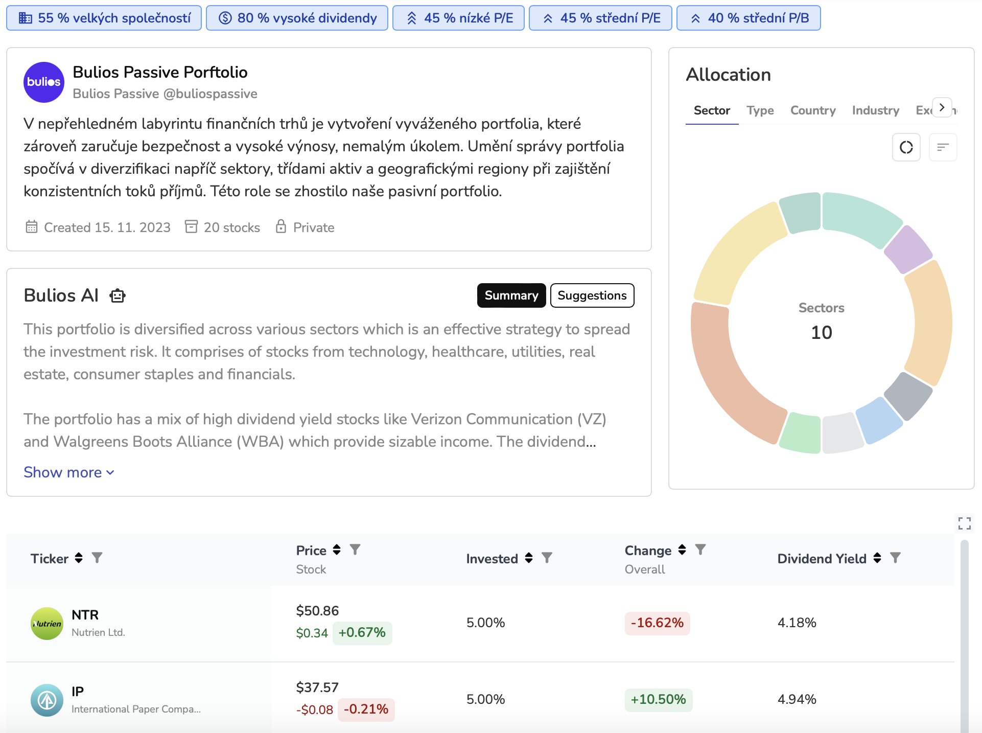 Bulios Passive Portfolio - pasivní příjem prostřednictvím dividend